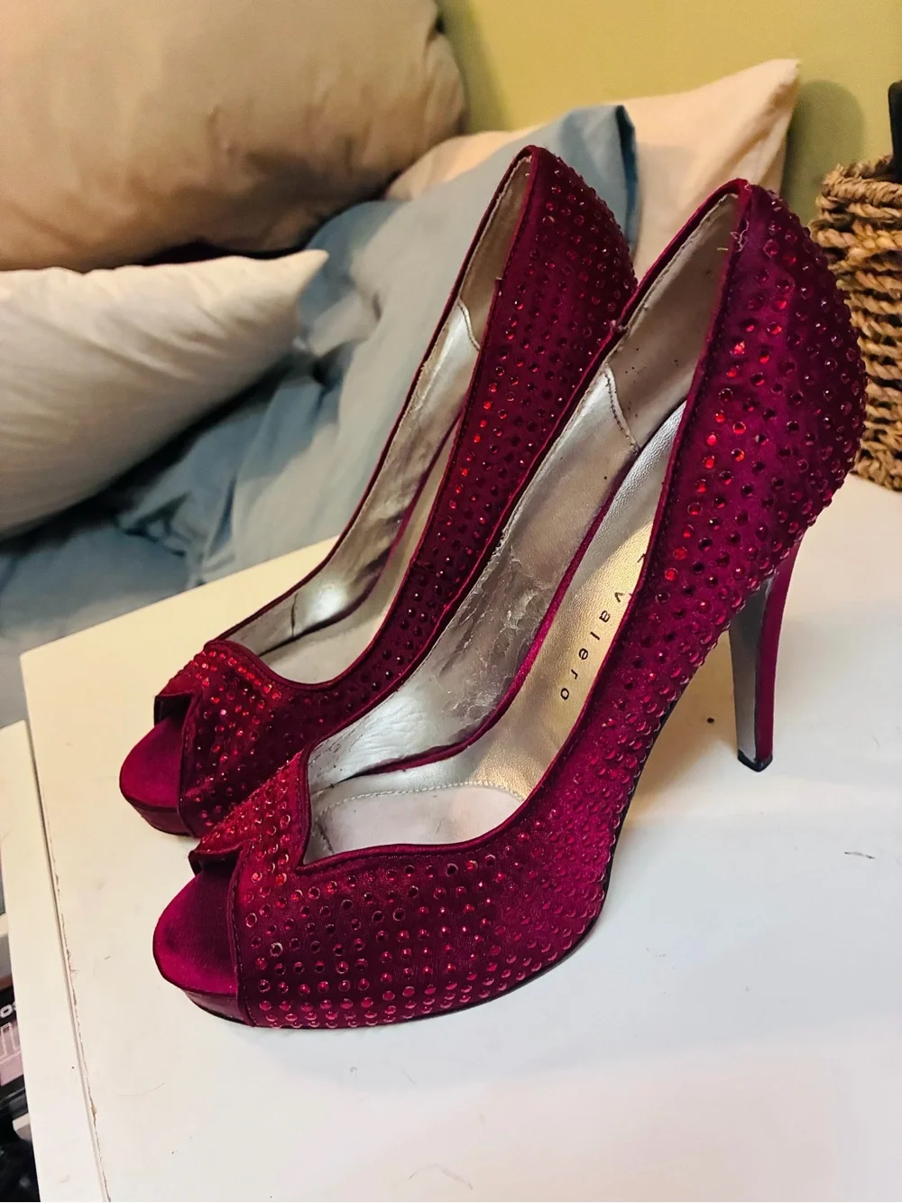 Martinez Valero Burgundy Rhinestone Peep Toe Platform Heels
